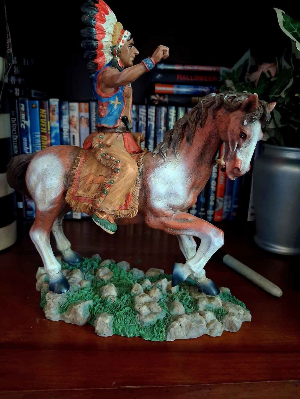 Hand-Painted Native Rider Resin Statue - Brown & Red - Picture 3 of 3